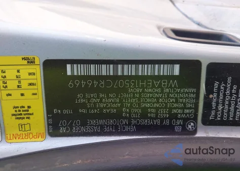 2007 BMW 650I z USA, uszkodzony, nr VIN WBAEH13507CR46469